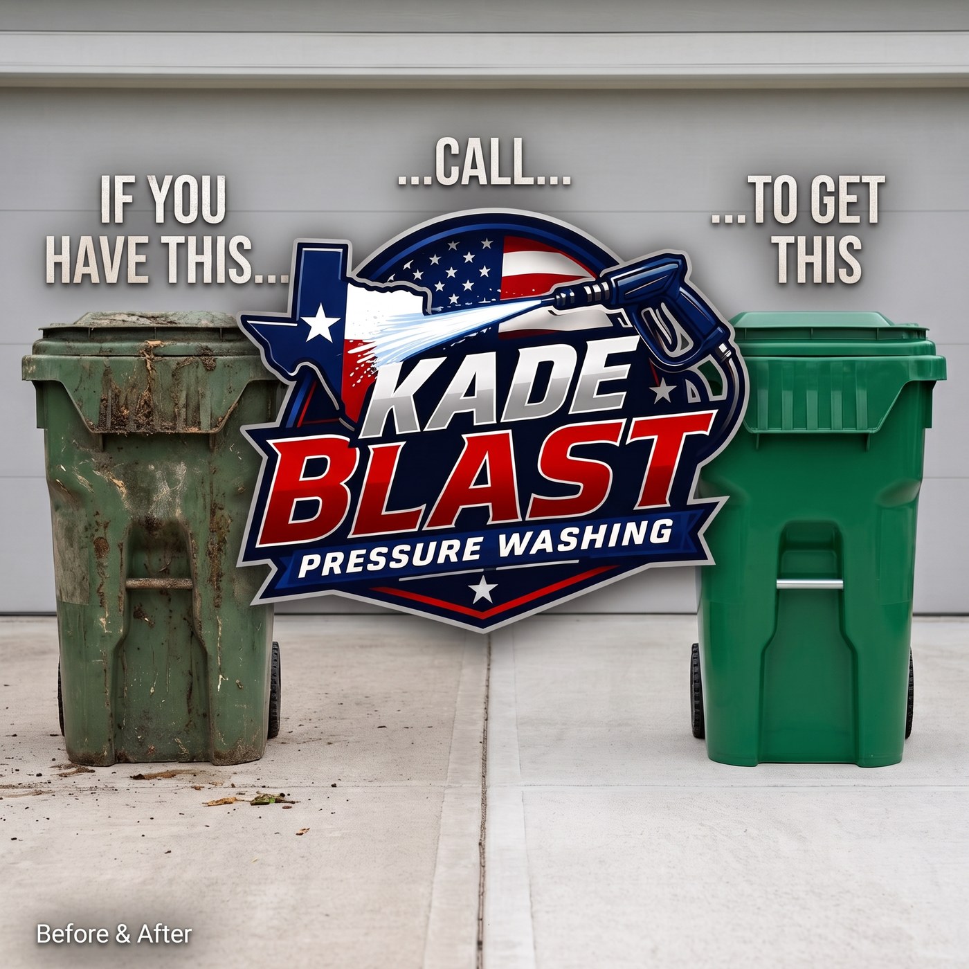Real before and after photo of a Kade Blast trash can cleaning job - dirty green can on the left, sparkling clean can on the right